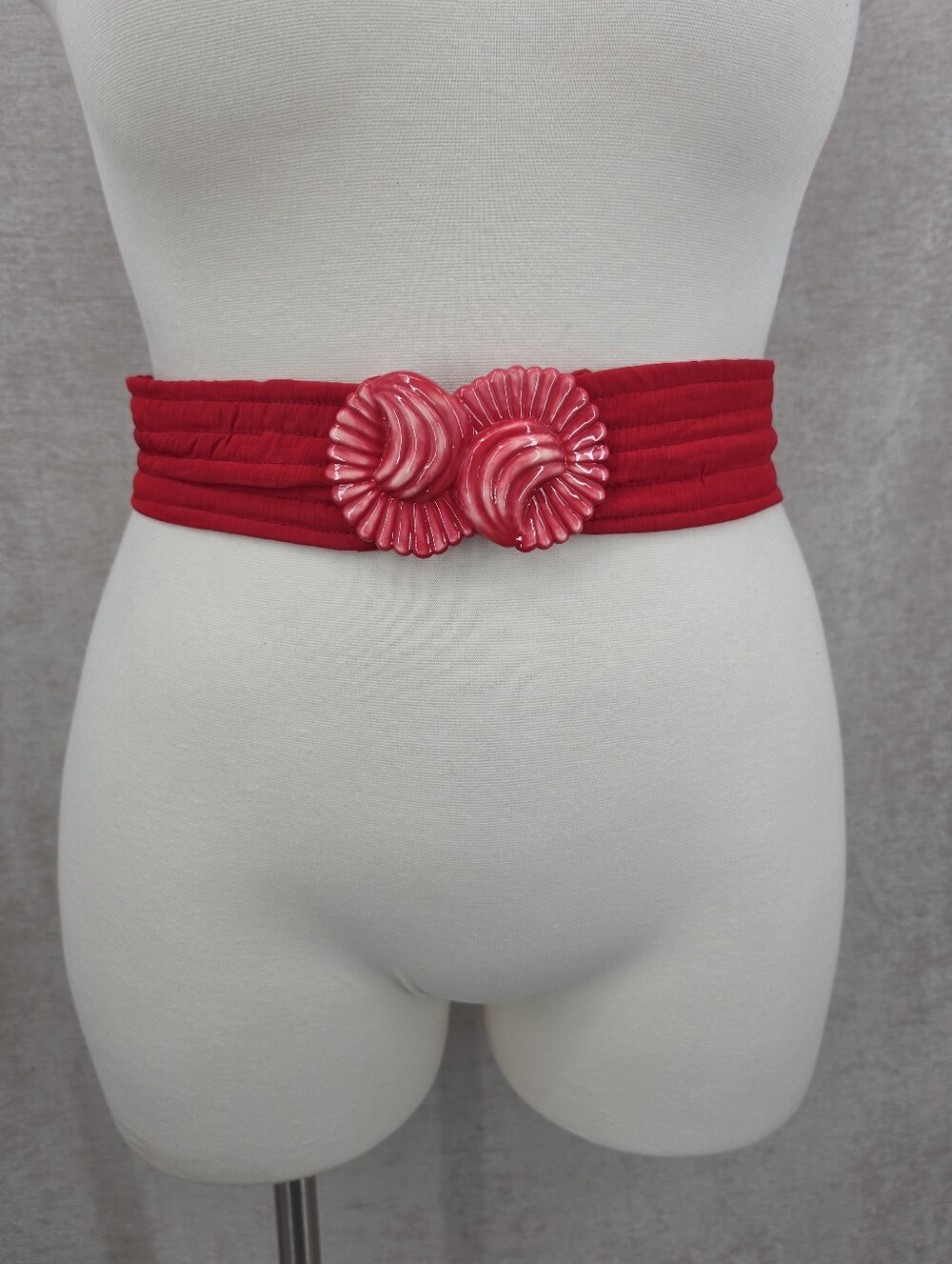 Vintage 80s Red Quilted Fabric Belt with Oversized Statement Buckle